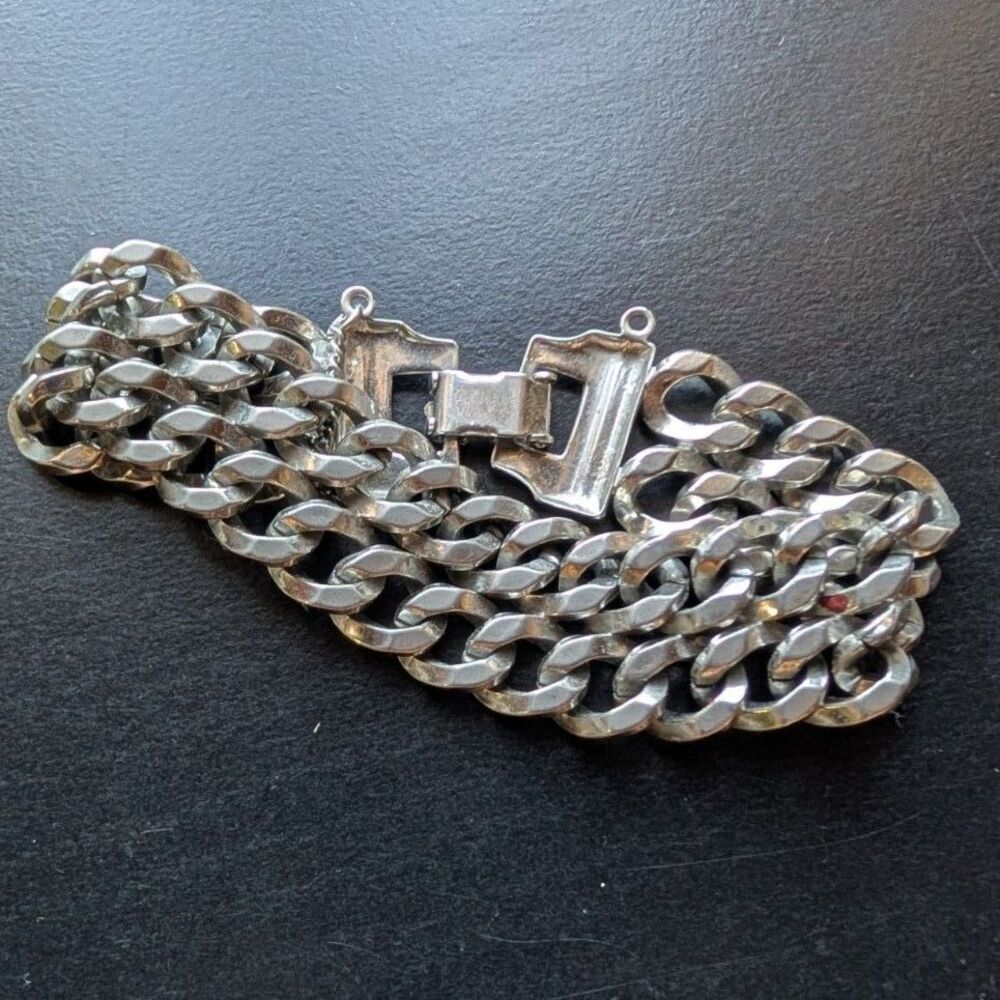 VTG Heavy Double Curb Cuban Link Chain Bracelet Silver Tone Chrome Vibe 6.5"